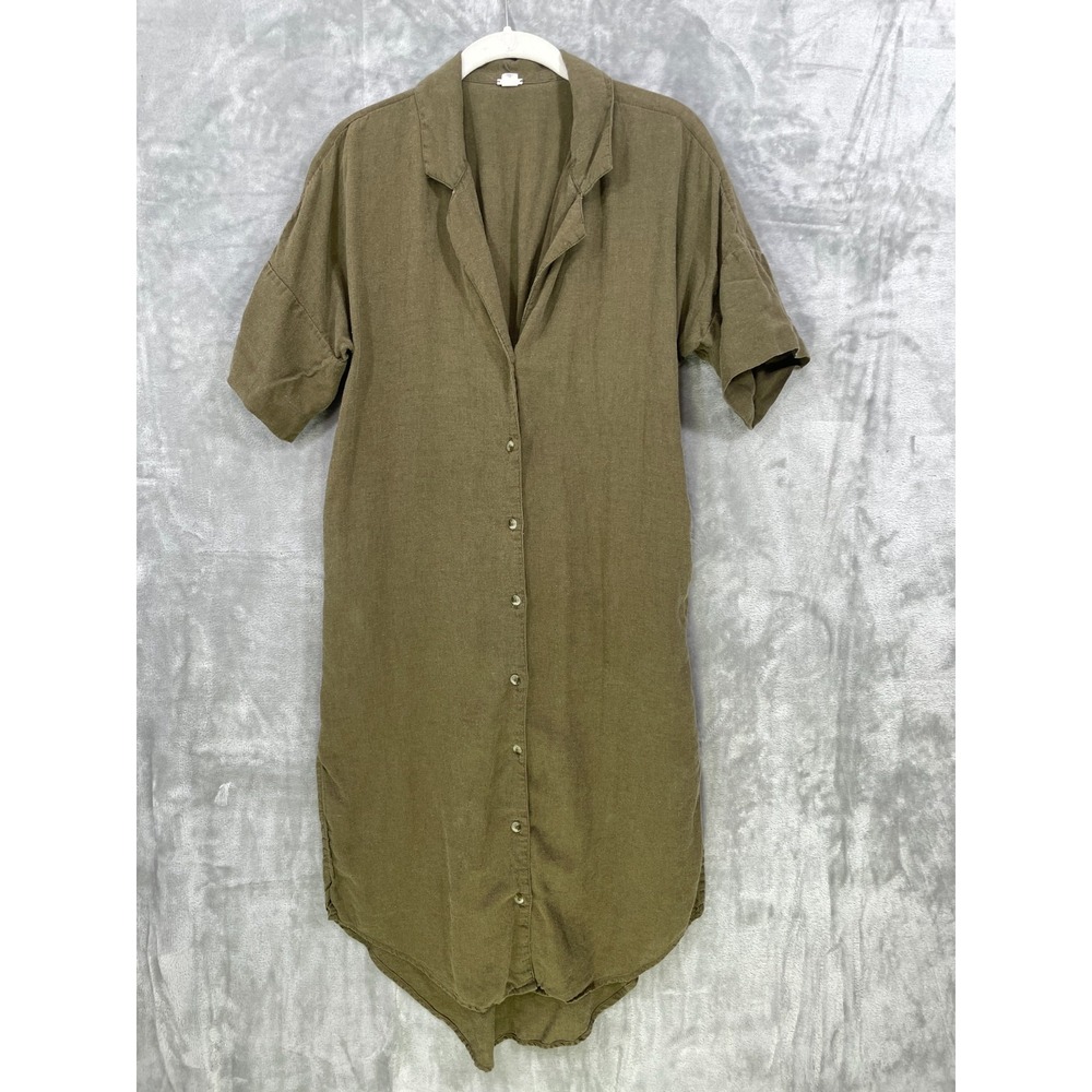 Anthropologie Anthro SMALL Linen Blend Twist Back Shirt Dress Olive Pockets Midi